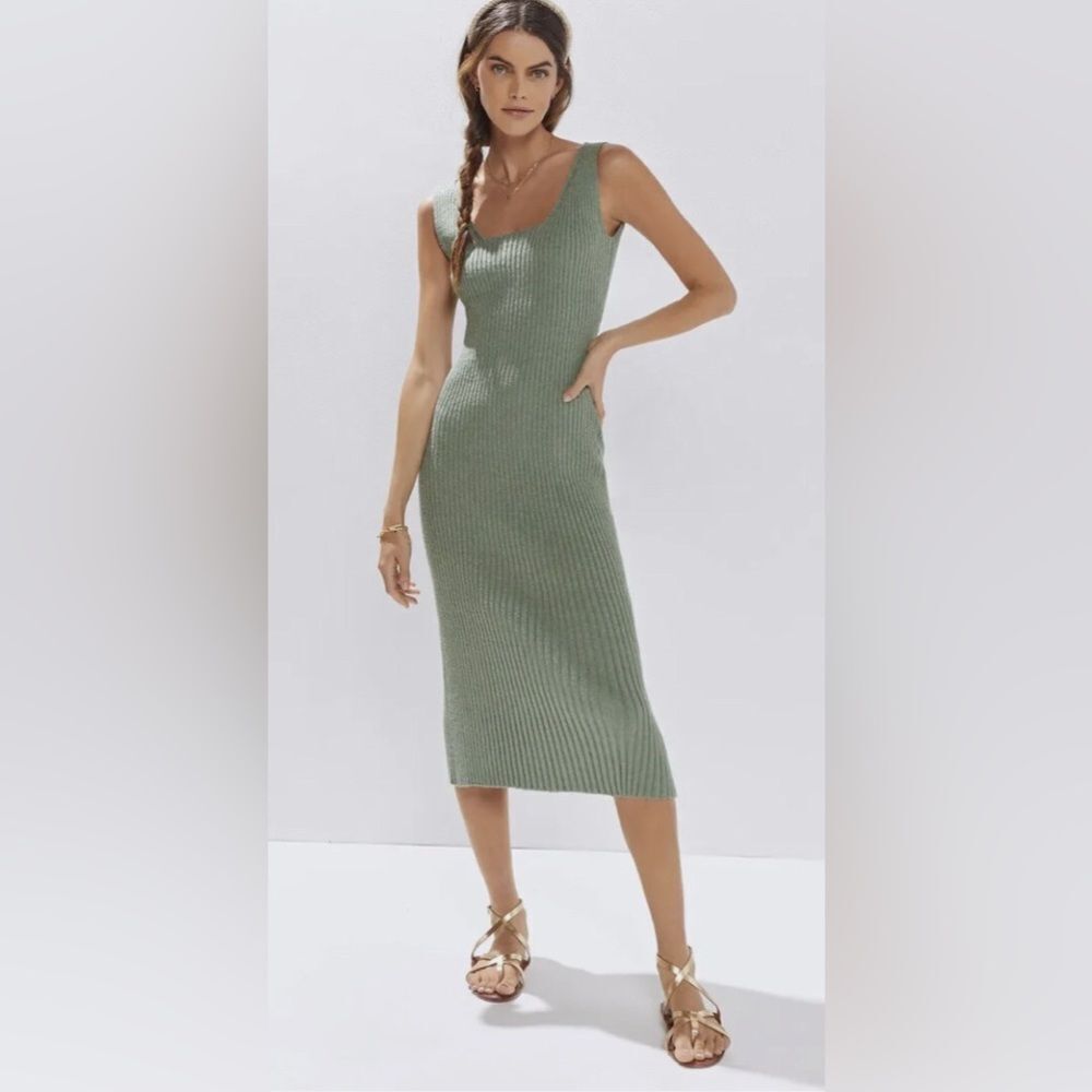 Amadi x Anthropologie Sage Green Ribbed Twist Back Sweater Midi Dress Sz XL